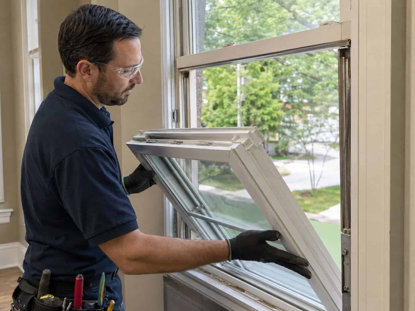 Technician removing a window sash to access and replace the window balance