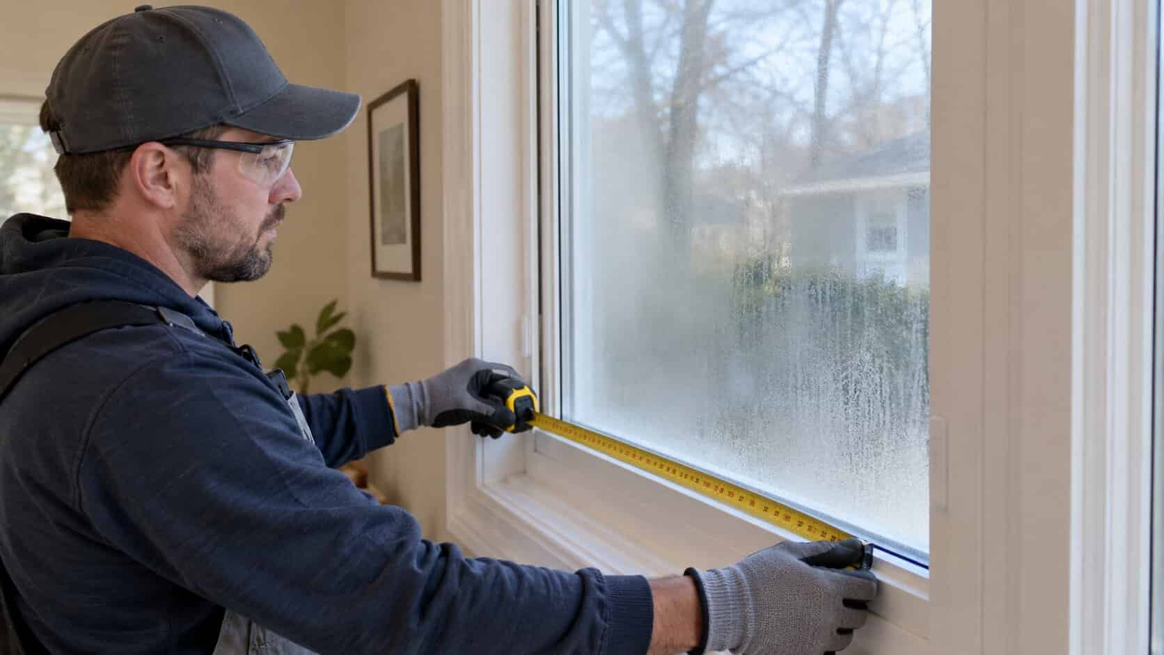 Technician measuring an existing window for a custom replacement insulated glass unit