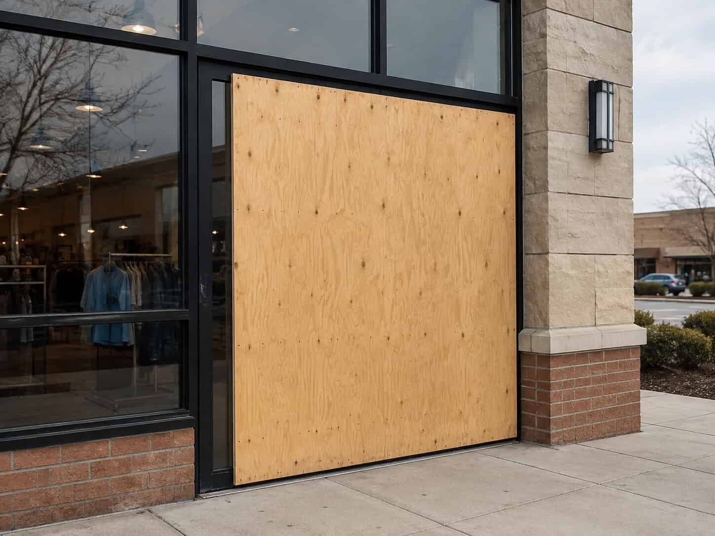 Plywood board-up installed over a broken commercial entry door glass opening