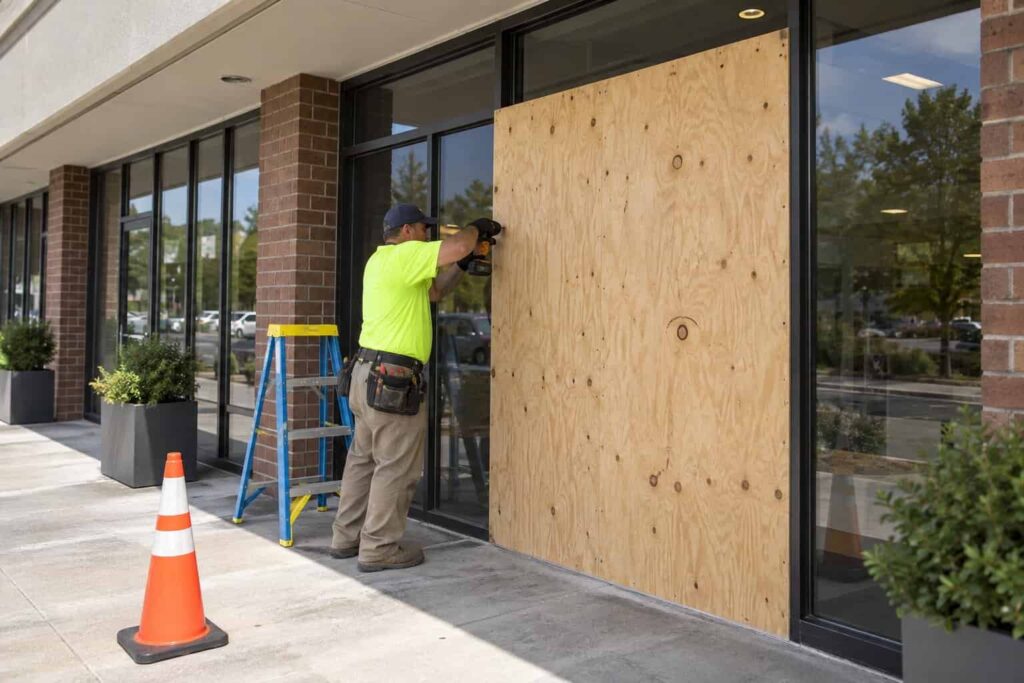 Temporary board-up securing broken storefront glass in Northern Virginia