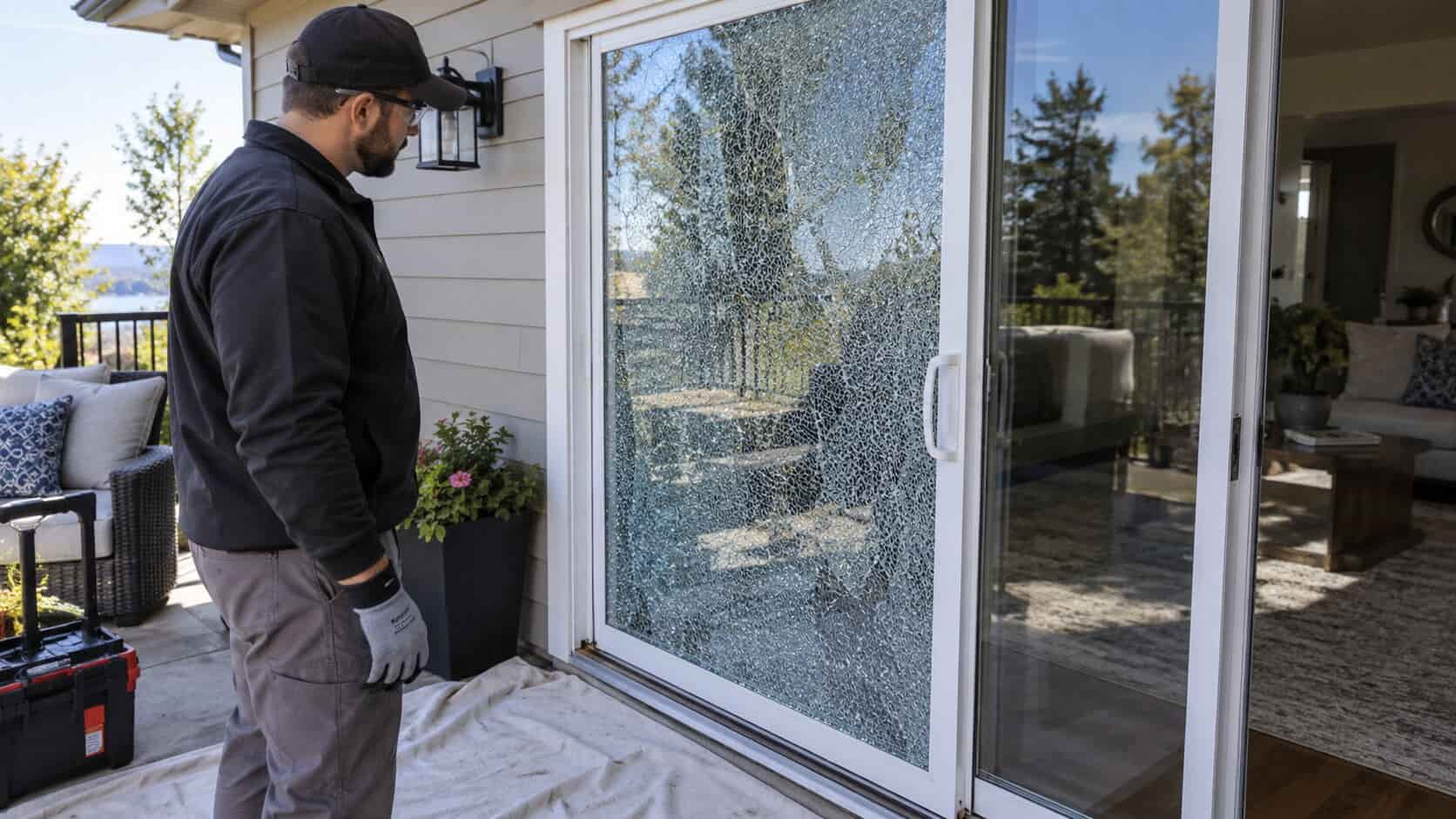 Technician inspecting a residential sliding glass door for track and hardware problems