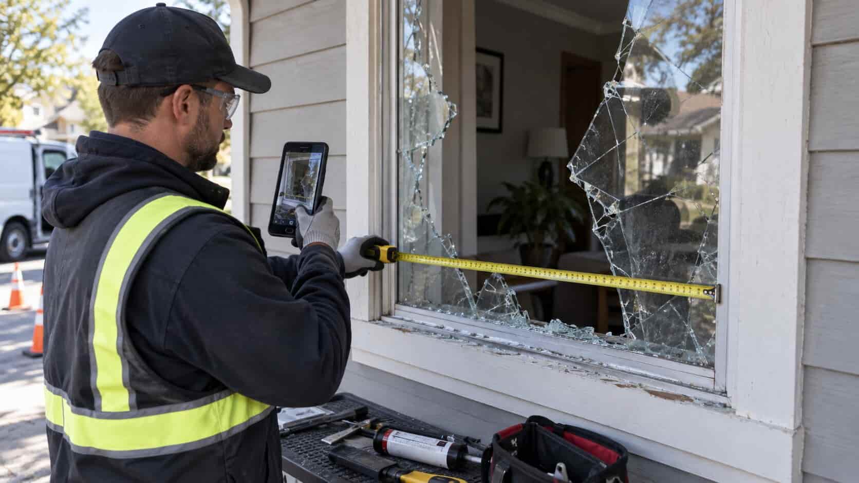 Technician documenting broken window glass before measurement and replacement planning