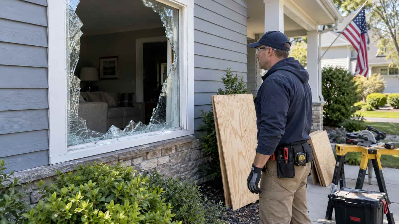 Broken residential window opening awaiting temporary emergency board-up