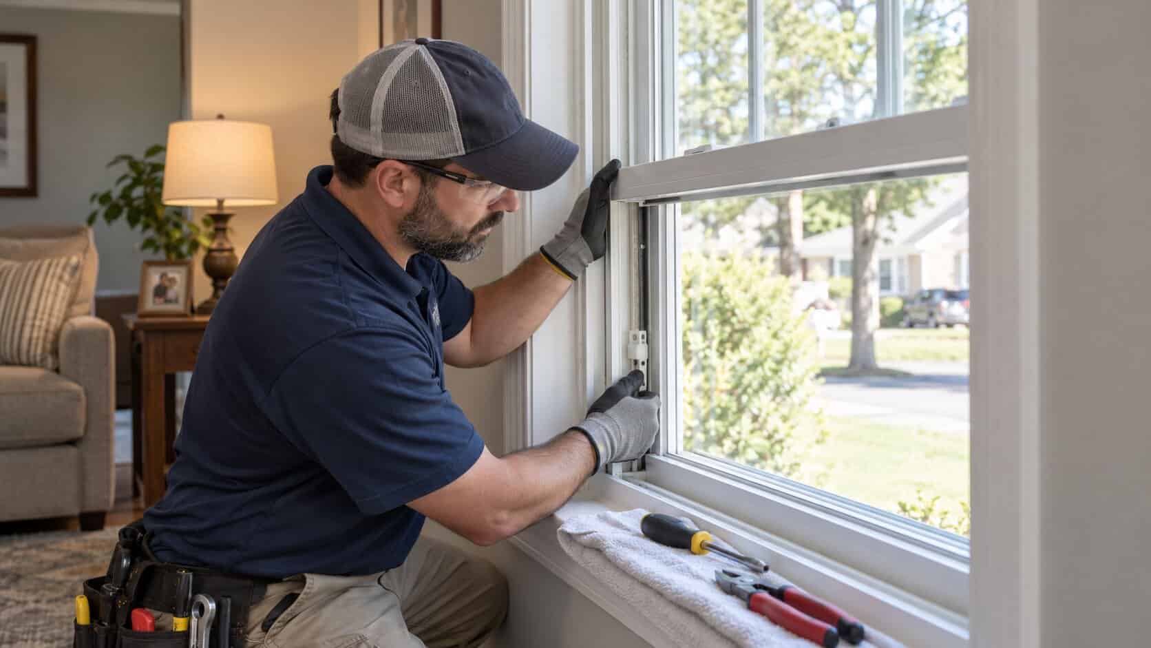 Technician inspecting a double-hung window sash that will not stay open