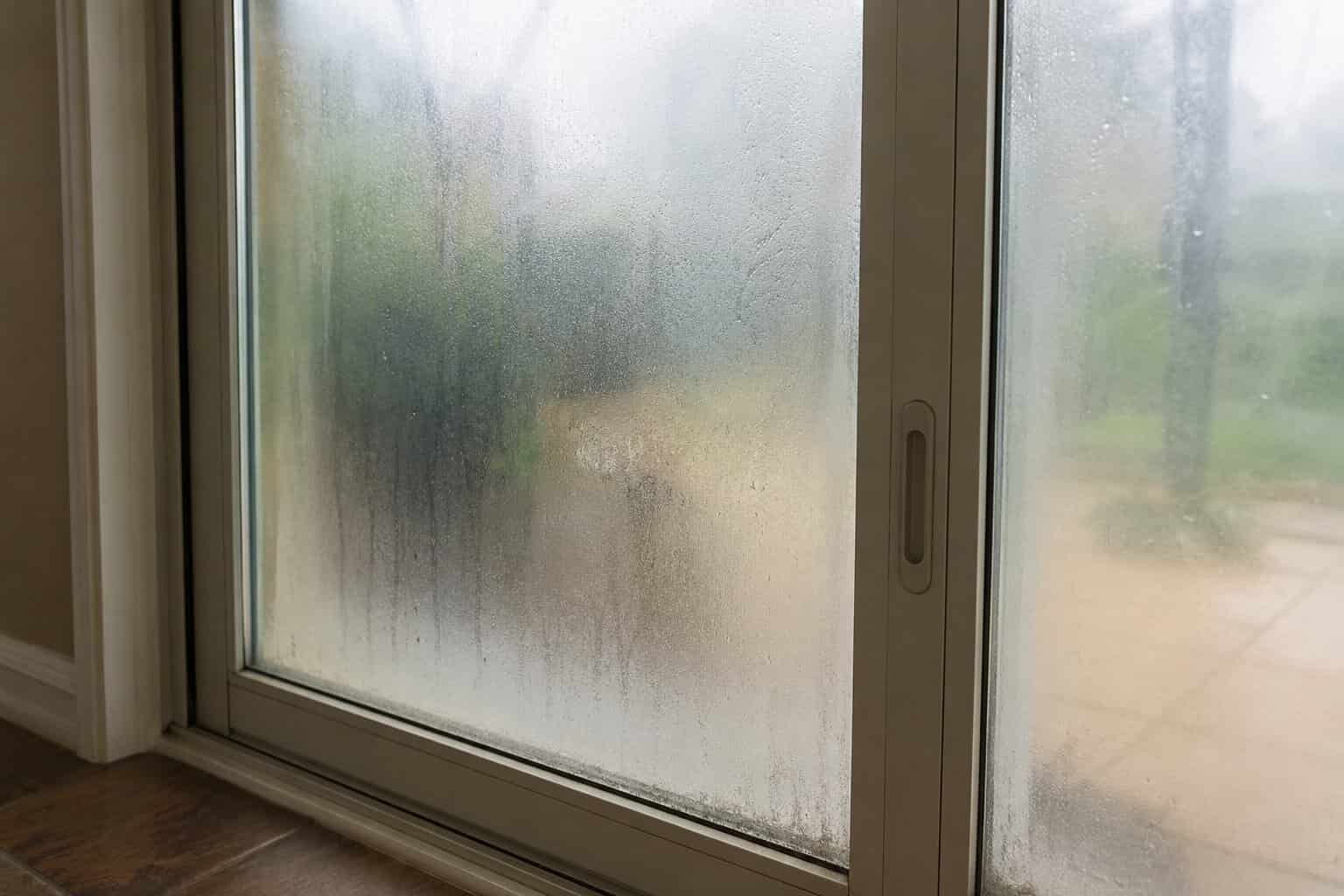 Close-up of a foggy double-pane patio door glass panel showing condensation between layers