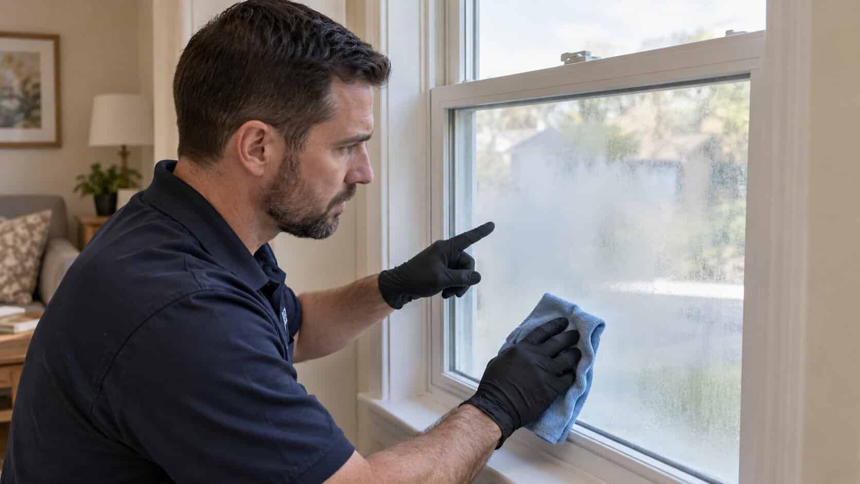 Technician checking whether window condensation is on the surface or between the panes