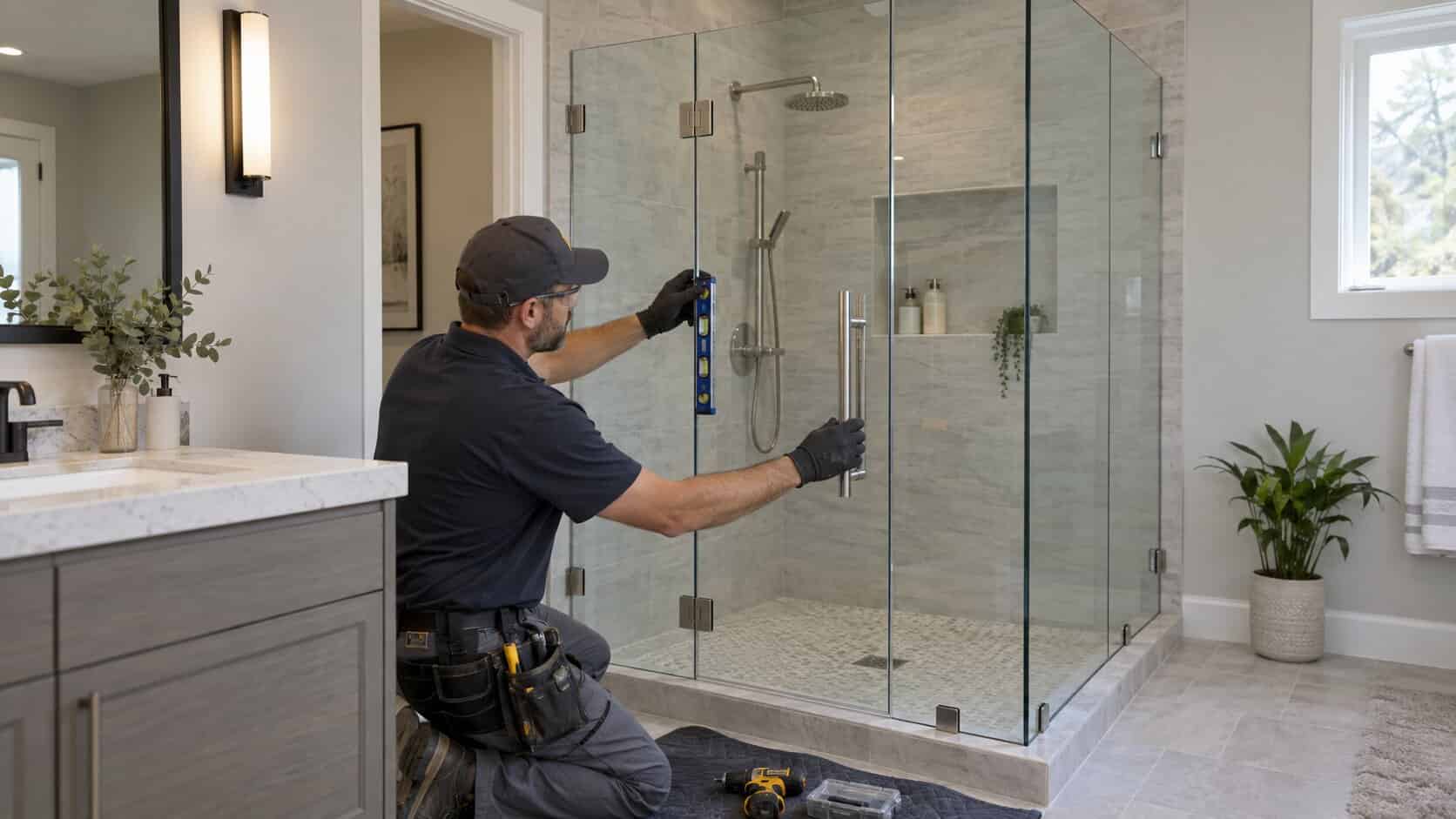 Technician installing a frameless glass shower door and fixed panel