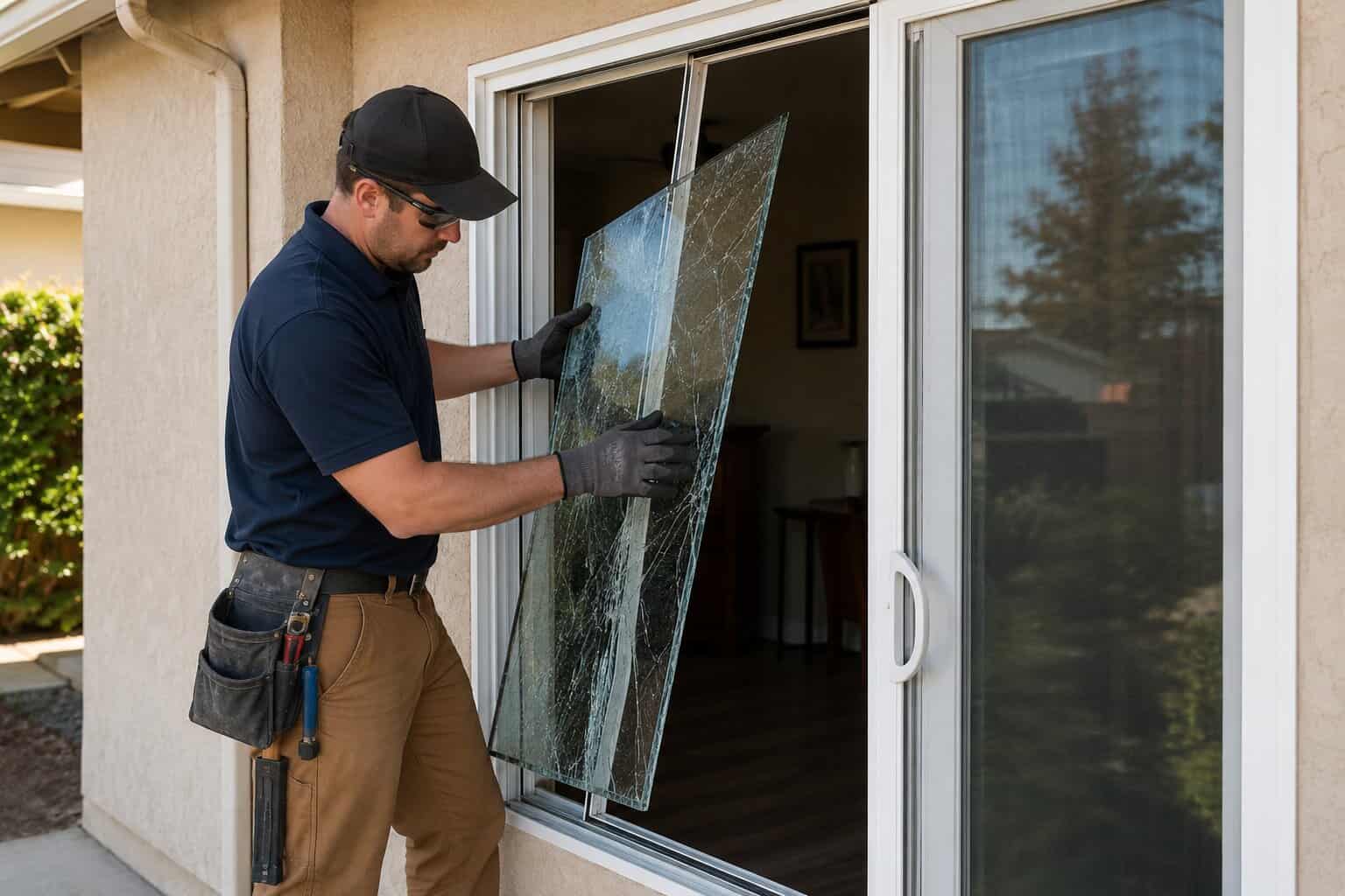 Technician removing a broken glass panel from a sliding patio door frame without replacing the full door