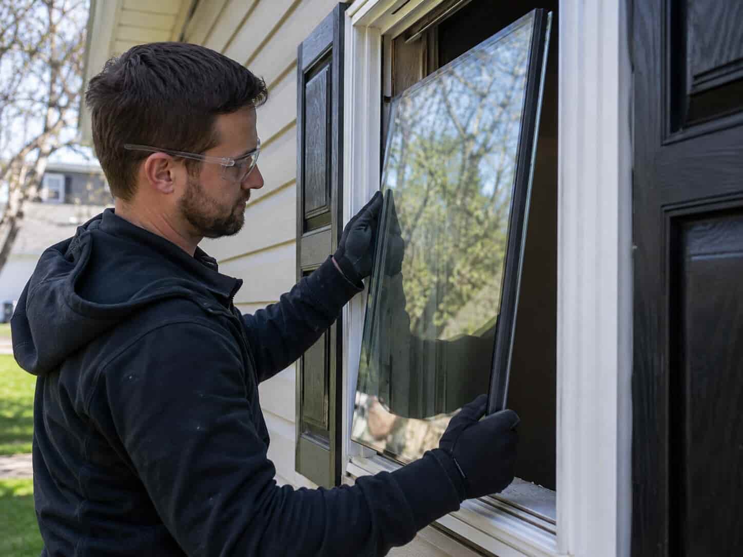 Technician installing a new insulated glass unit into an existing vinyl window frame