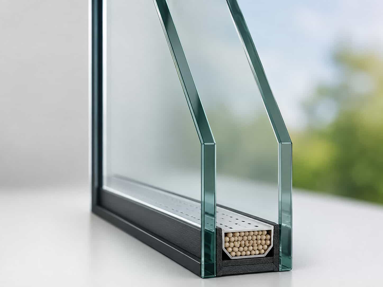 Cross-section diagram of a double-pane insulated glass unit showing two panes, spacer bar, and gas fill
