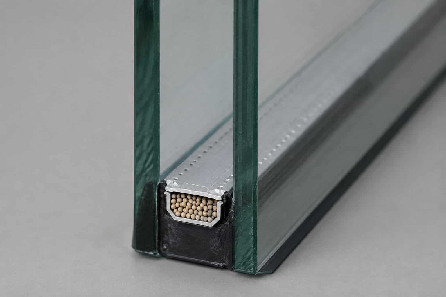 Cross-section view of an insulated glass unit showing glass panes, spacer bar, and gas fill