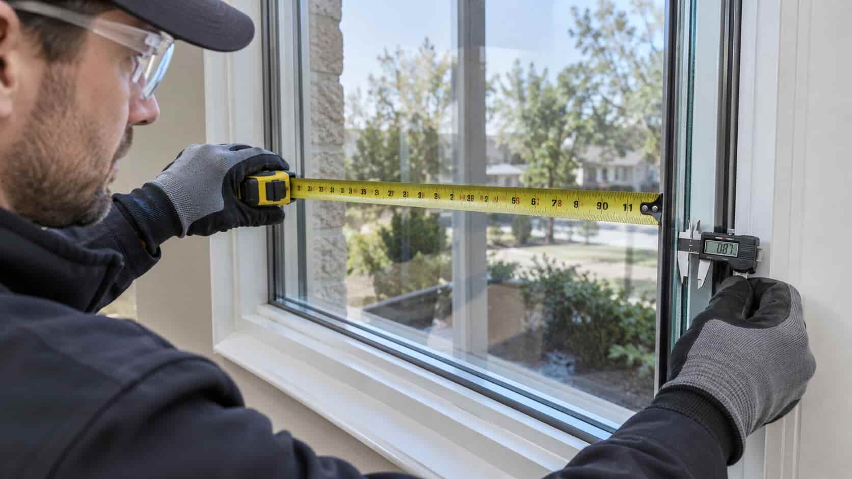 Technician measuring an existing window for a replacement insulated glass unit
