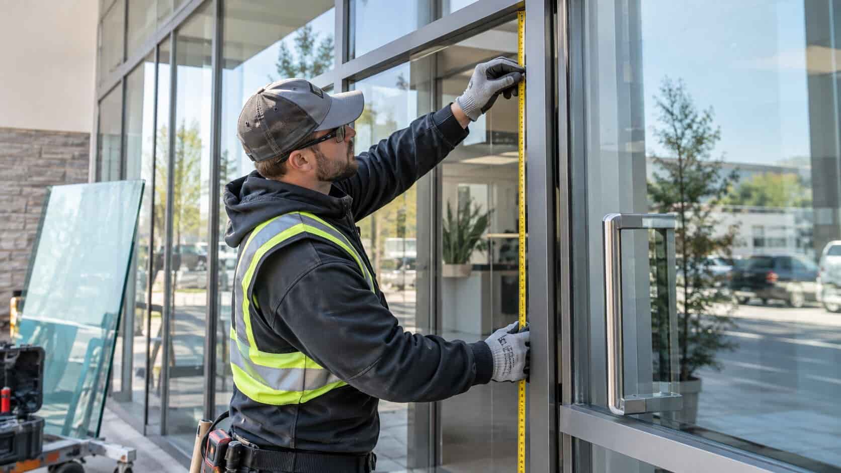 Technician measuring a commercial opening for custom laminated replacement glass