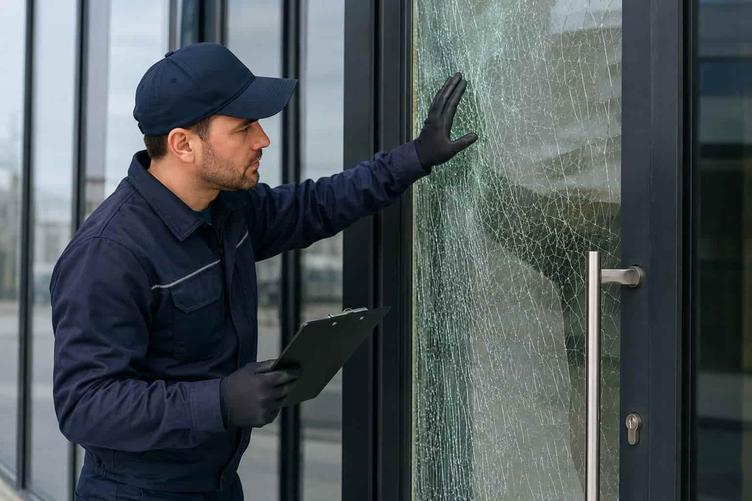 Technician inspecting a cracked laminated glass panel showing the interlayer holding fragments together