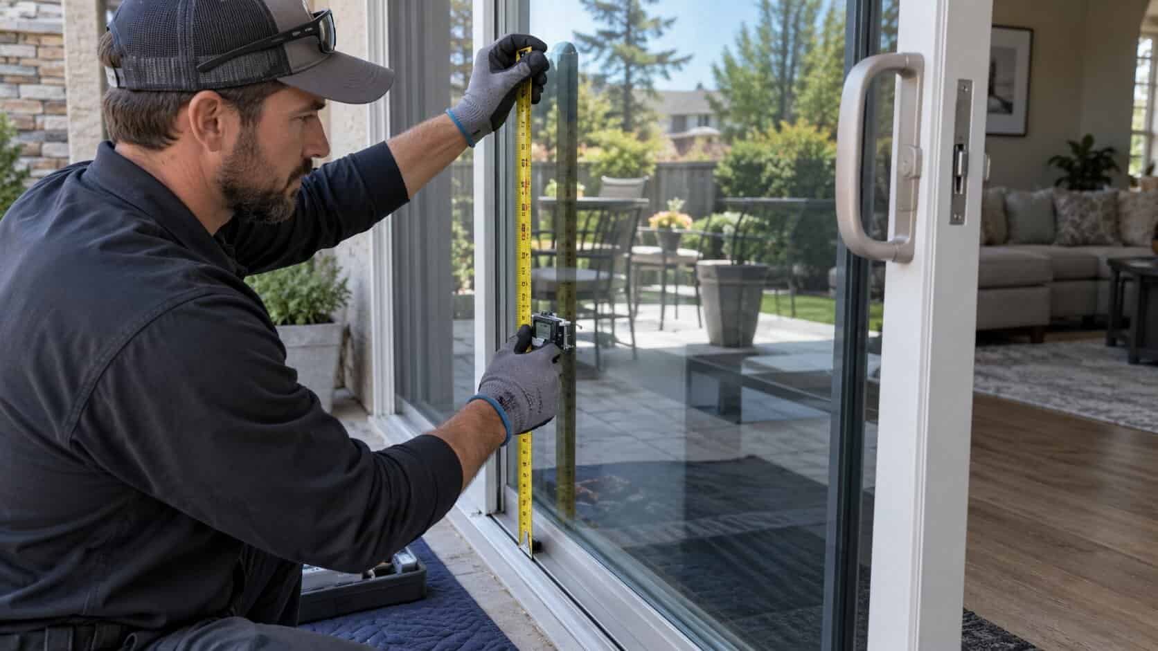 Technician measuring a sliding patio door panel for replacement safety glass