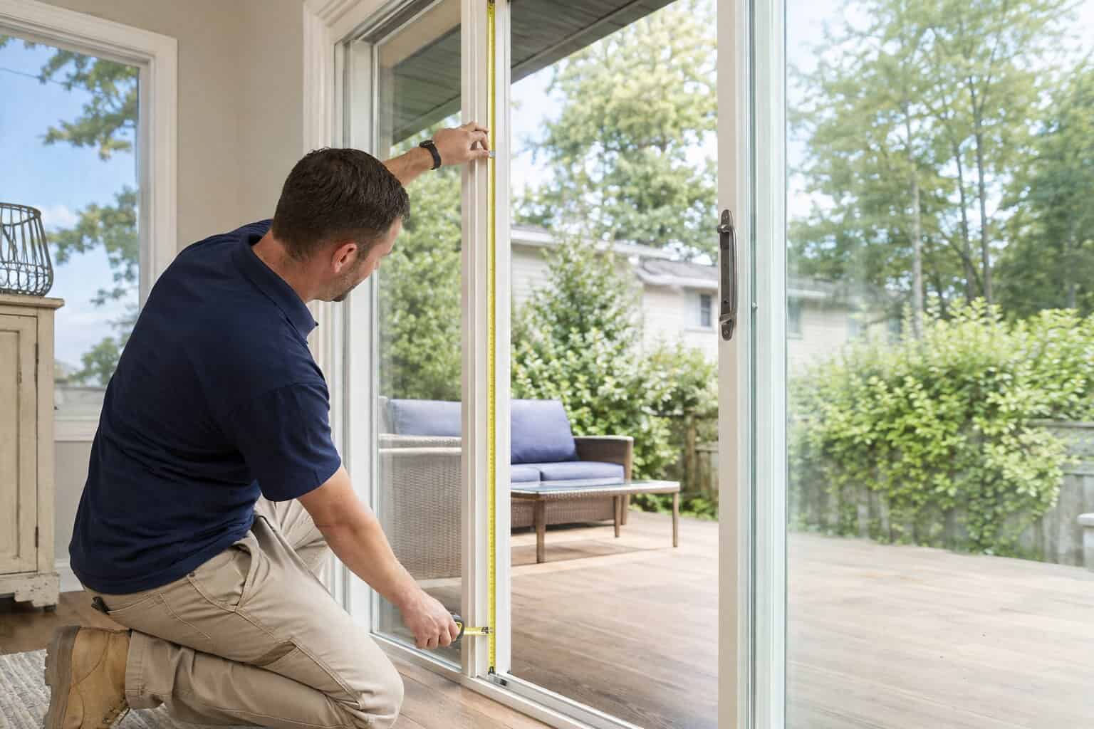 Technician measuring a patio door opening before ordering custom tempered glass
