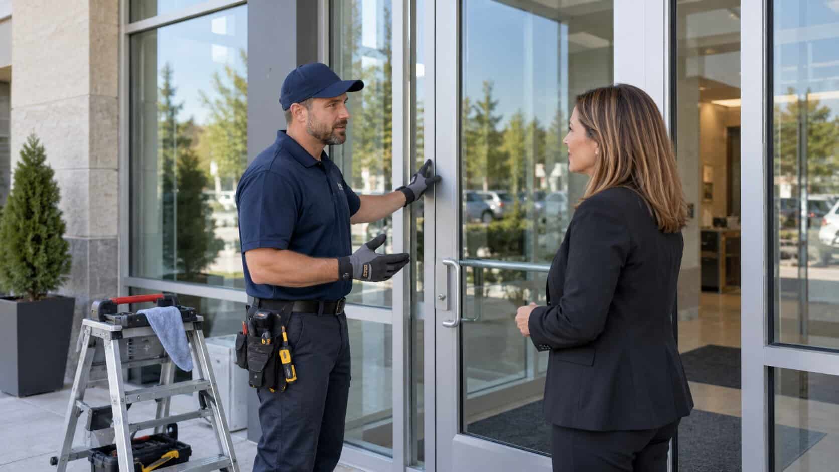 Glass technician discussing commercial entry door repair with a property manager