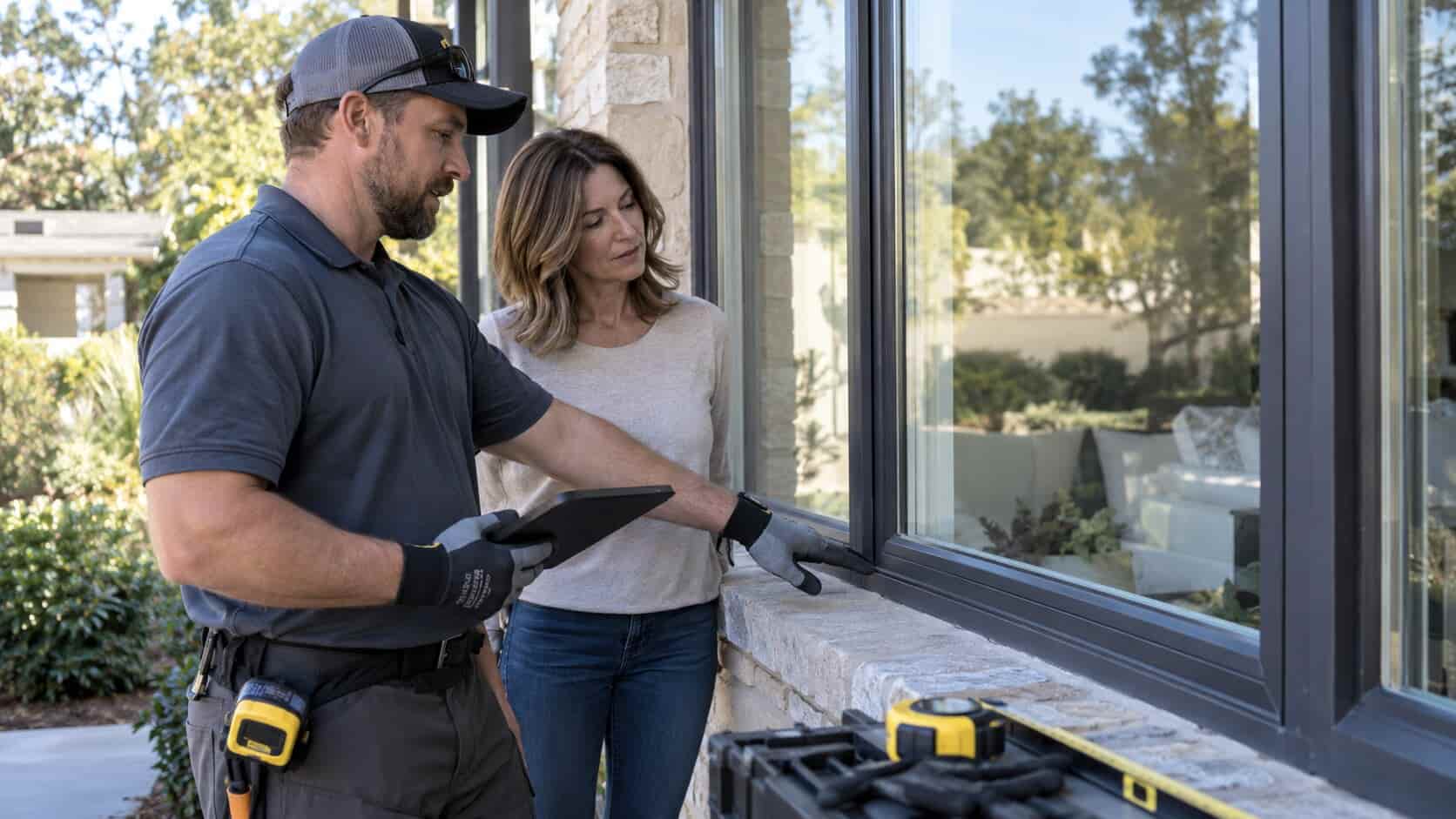 Glass technician discussing double-pane window replacement with a property owner