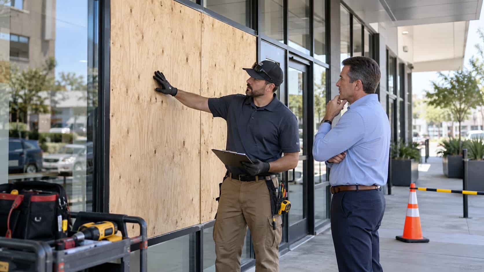Glass technician reviewing a securely boarded commercial opening with a property manager
