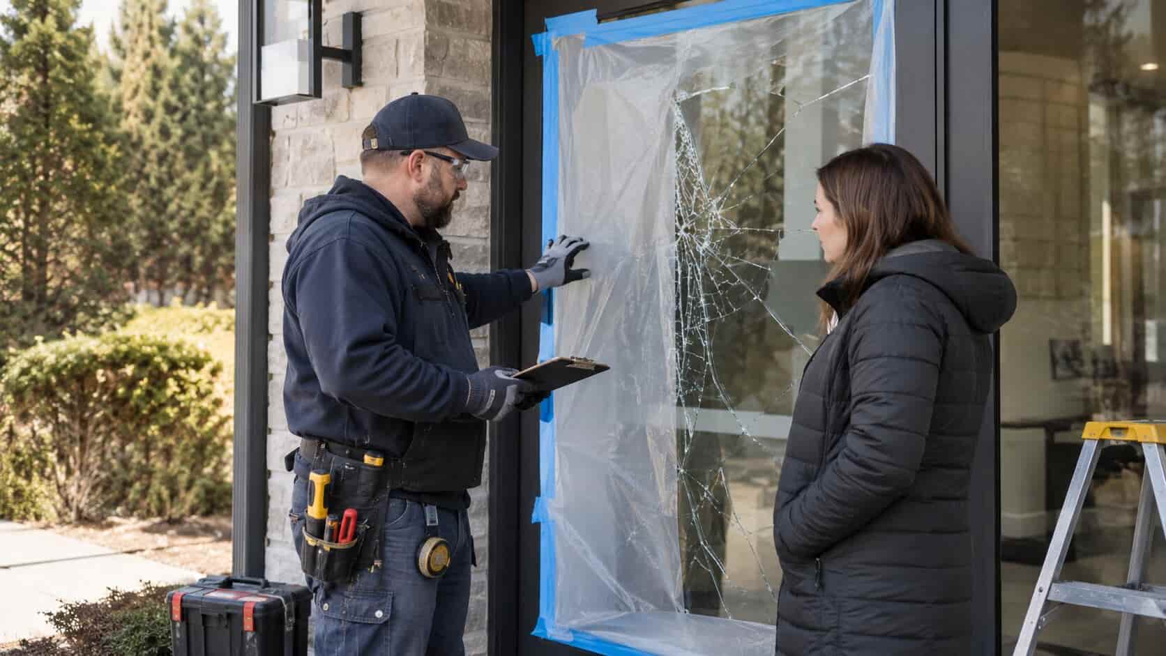 Glass technician reviewing emergency broken-glass options with a property owner