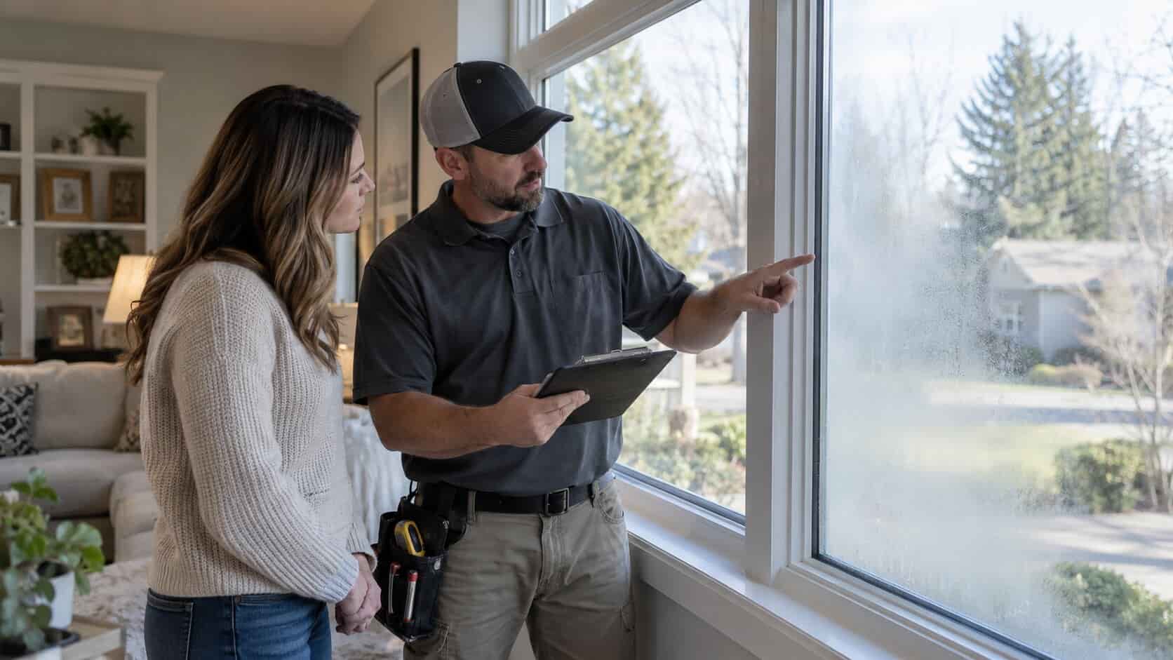 Glass technician discussing foggy insulated window replacement with a homeowner