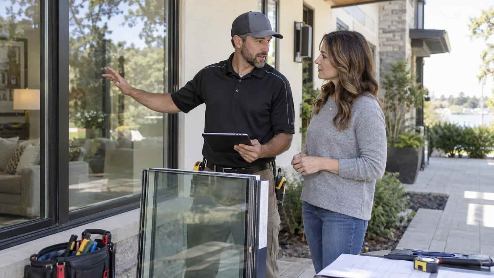 Glass technician discussing insulated window glass replacement with a property owner