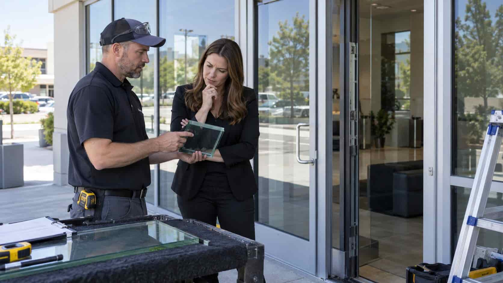 Glass technician discussing laminated glass replacement with a commercial property manager