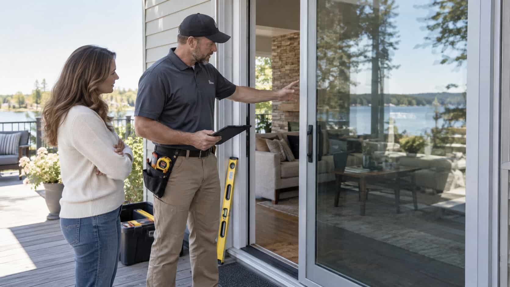 Glass technician discussing patio door glass replacement with a homeowner