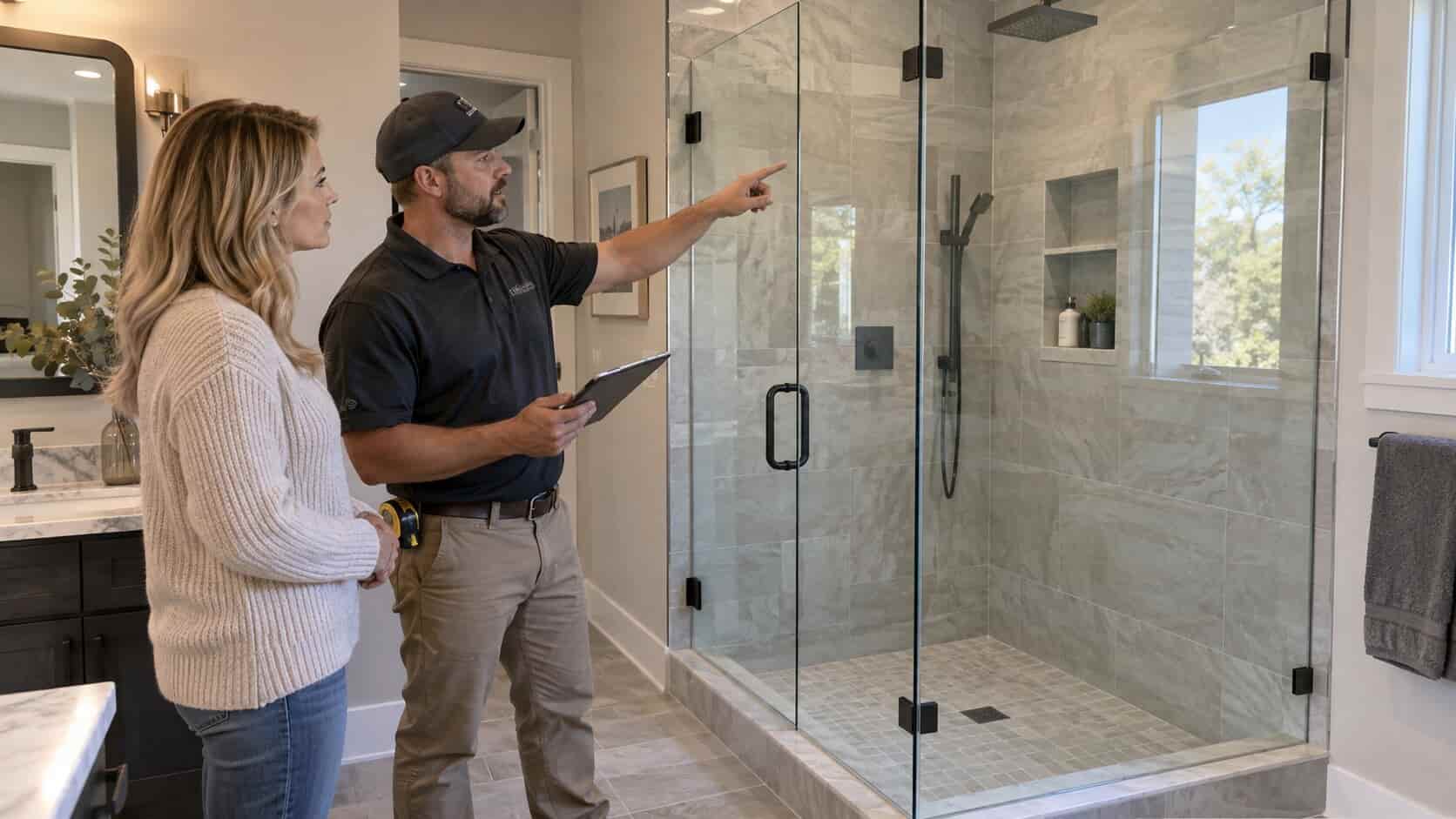 Glass technician discussing custom shower enclosure options with a homeowner