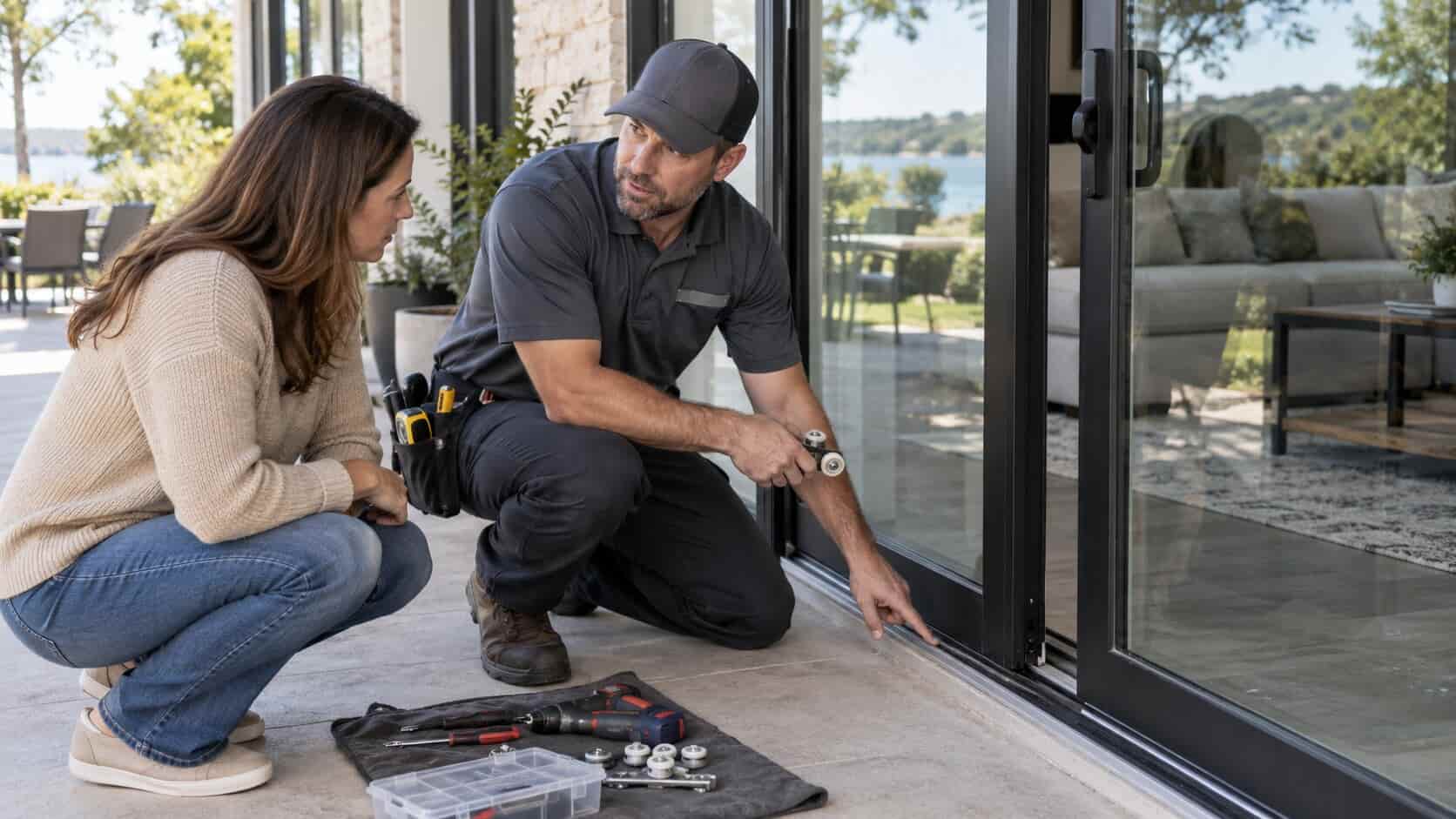 Technician discussing sliding glass door repair options with a homeowner