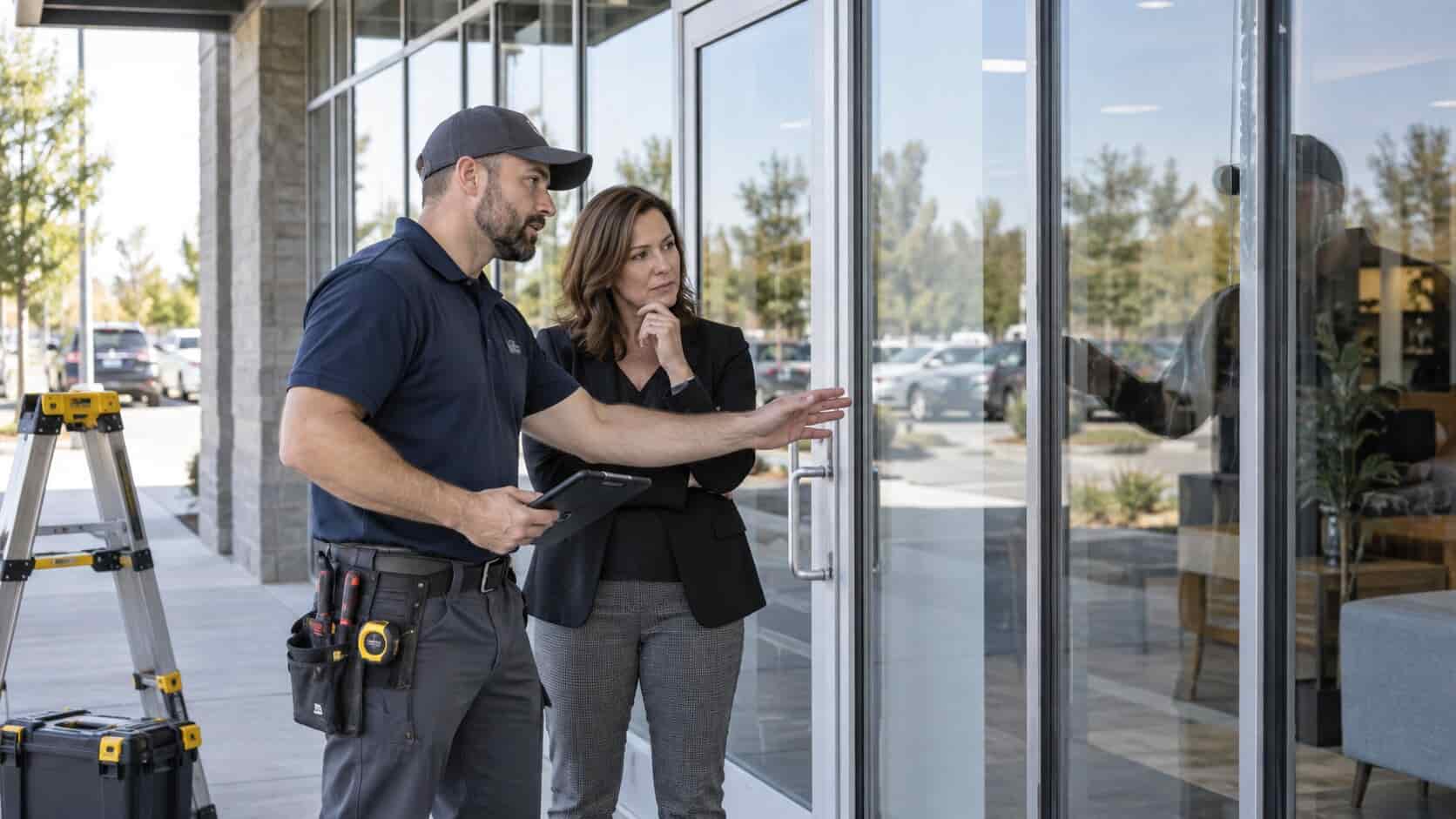 Glass technician reviewing storefront damage with a commercial property manager