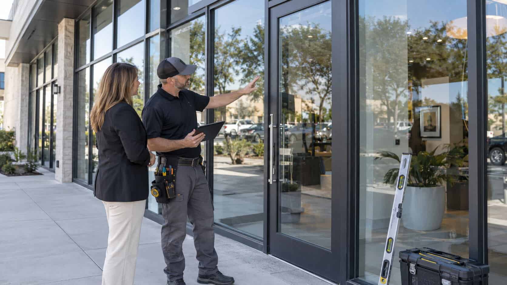 Glass technician discussing storefront glass replacement with a commercial property manager