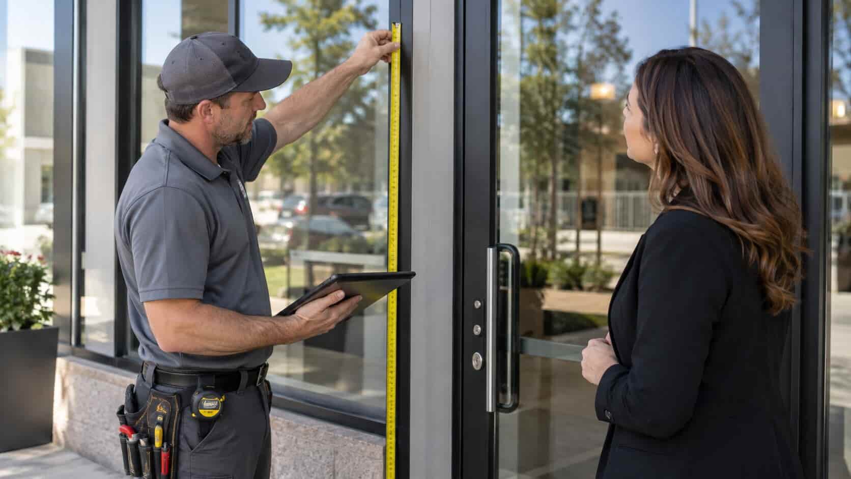 Glass technician discussing tempered safety glass replacement with a property owner