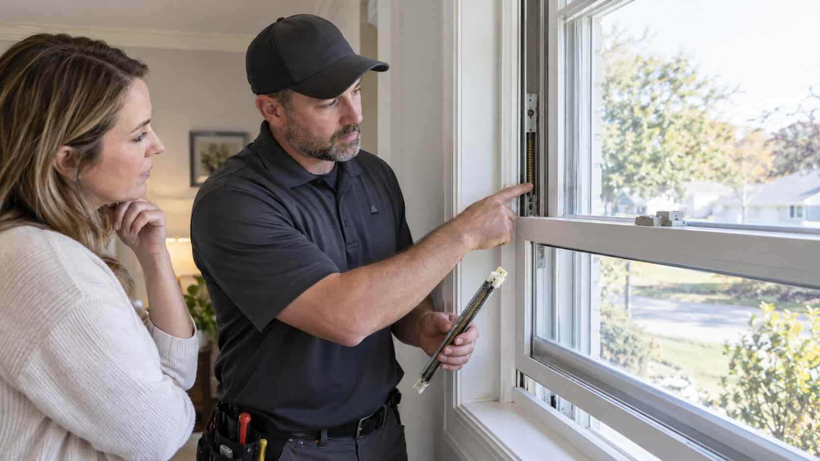 Window technician explaining a balance repair to a homeowner beside a double-hung window