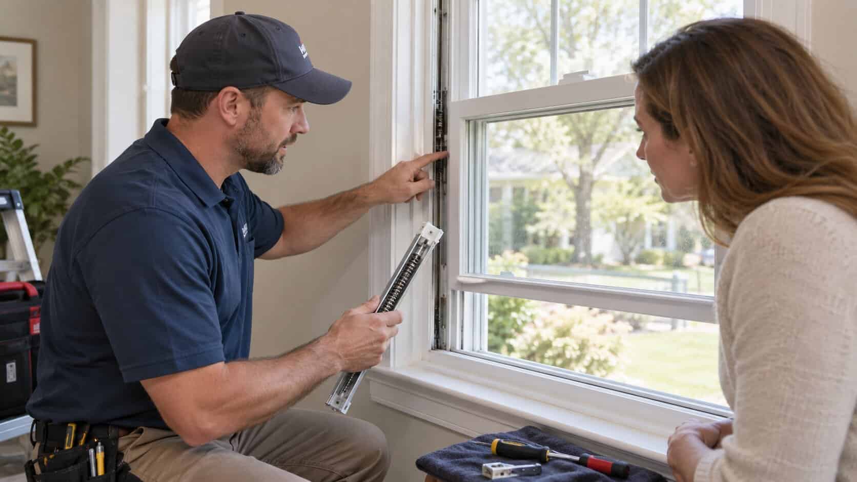 Window technician discussing balance repair findings with a homeowner