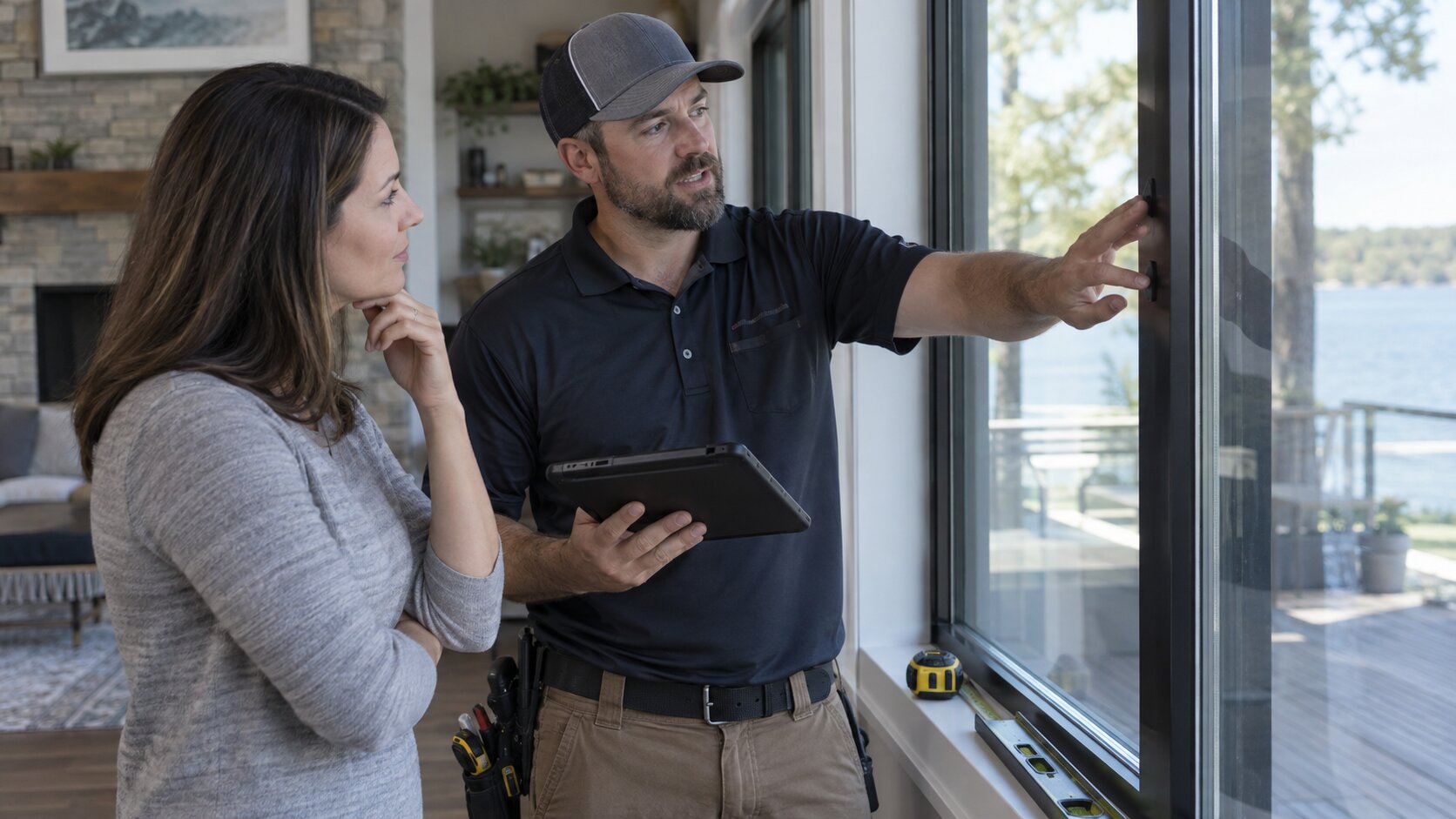 Glass technician discussing window repair and replacement options with a property owner
