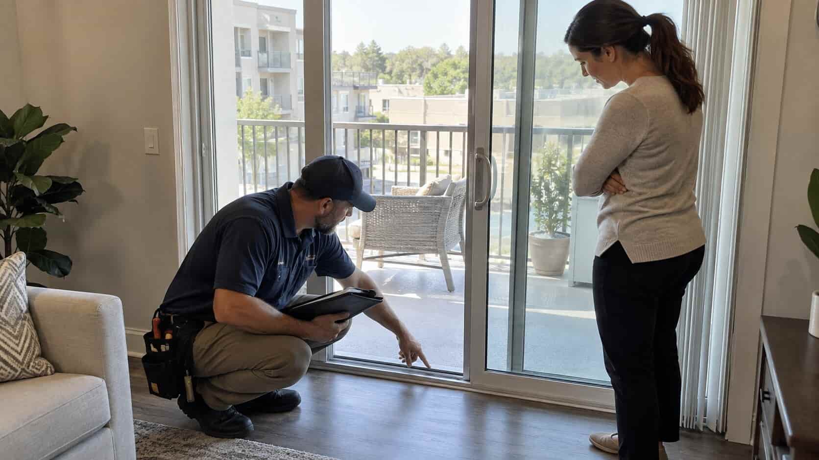 Glass technician reviewing a sliding door repair issue with a property manager