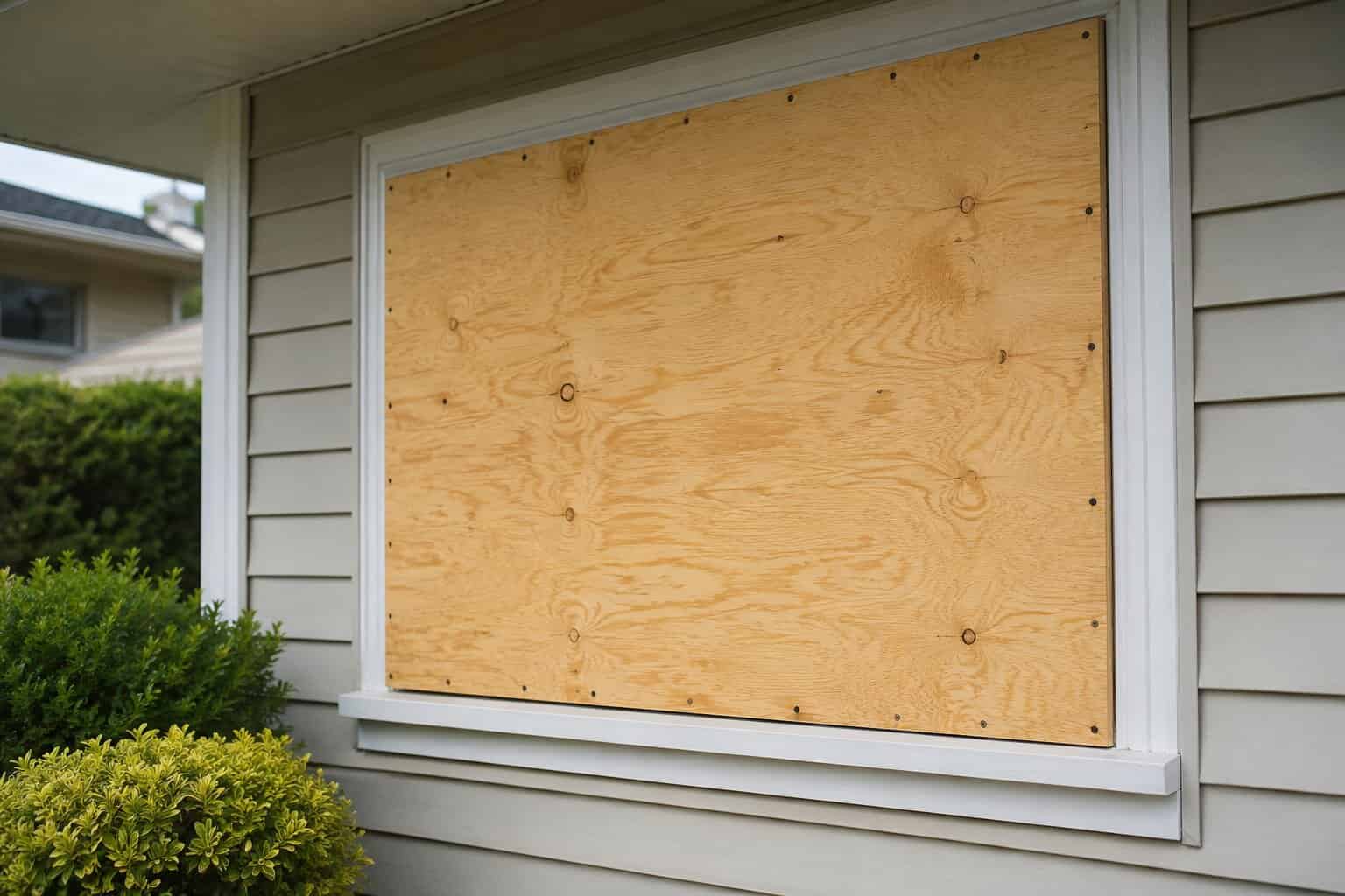 Plywood board-up installed over a broken home window opening