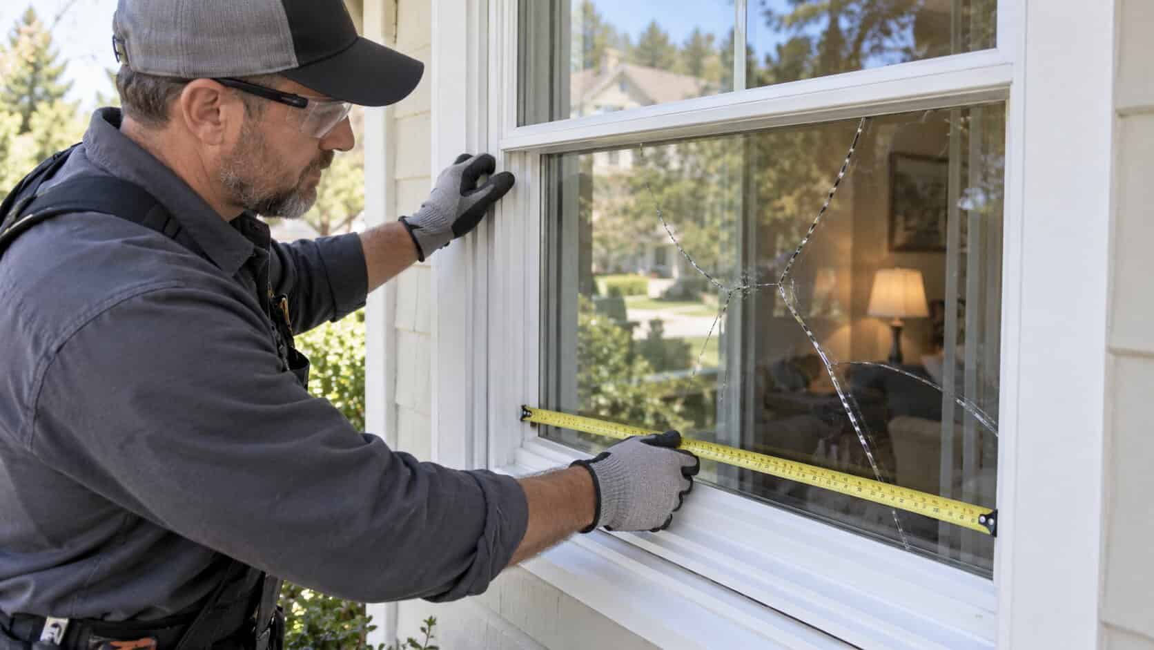 Cracked residential window glass requiring replacement