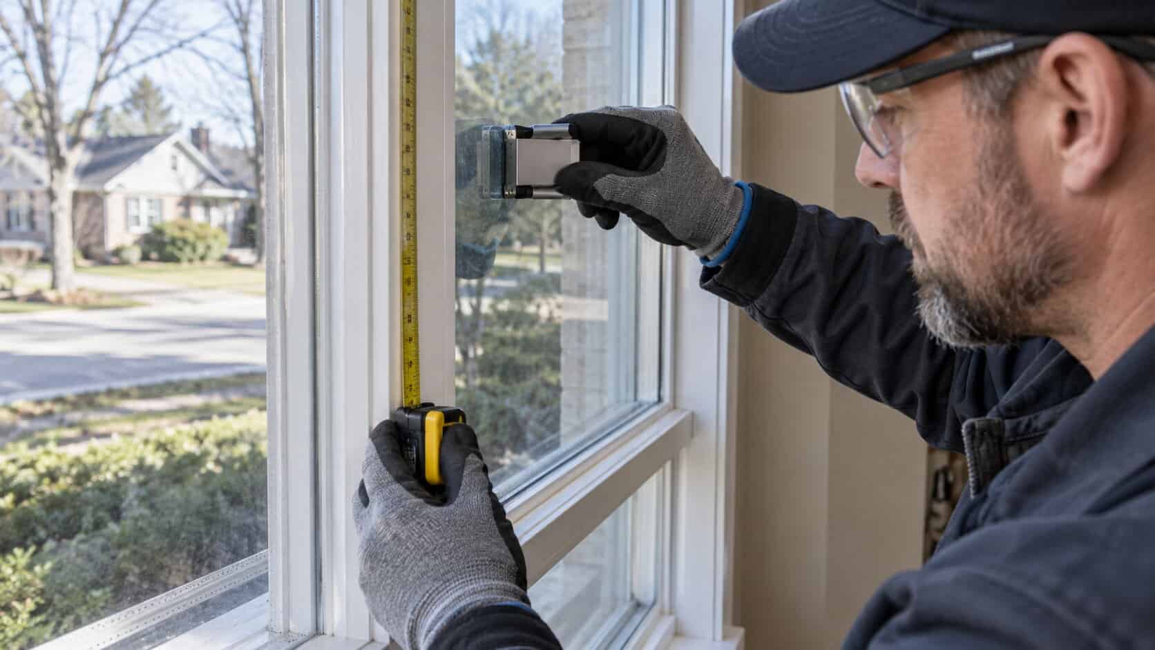 Technician measuring a foggy residential double-pane window for IGU replacement