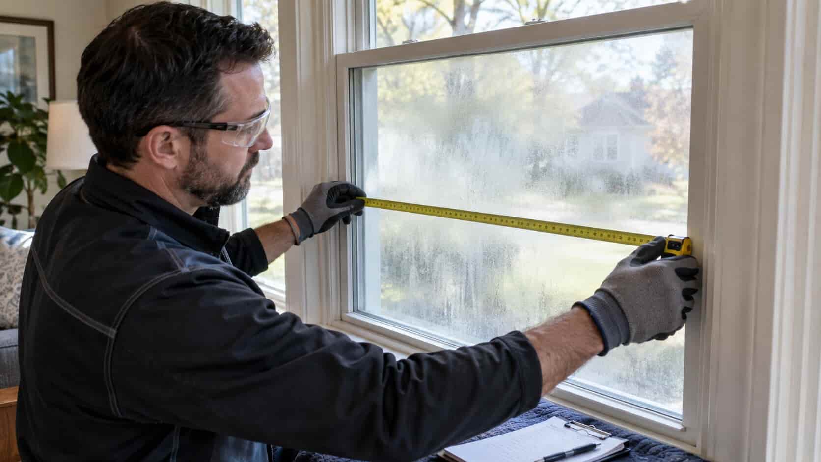 Technician measuring a foggy residential window for insulated glass unit replacement