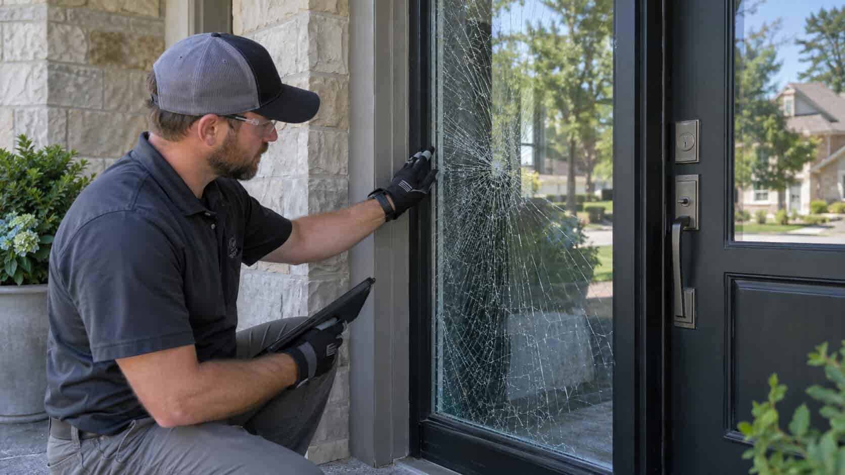 Technician assessing cracked laminated glass retained in a residential entry sidelight