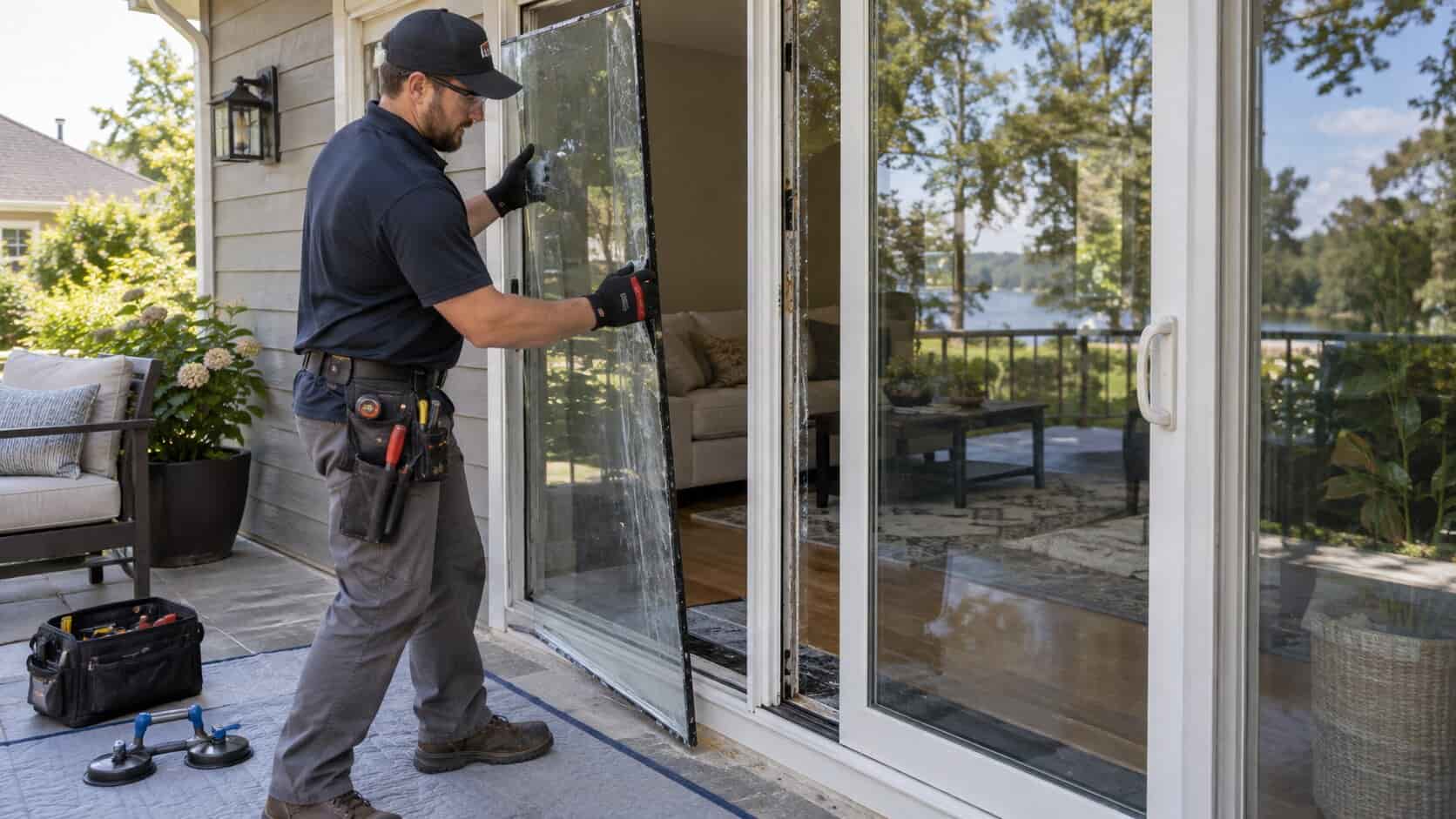 Technician preparing a residential sliding patio door for glass replacement