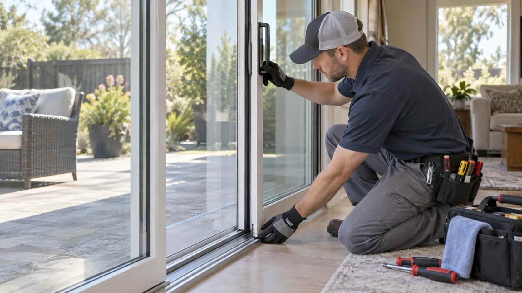 Technician inspecting a residential sliding glass door for track and hardware problems