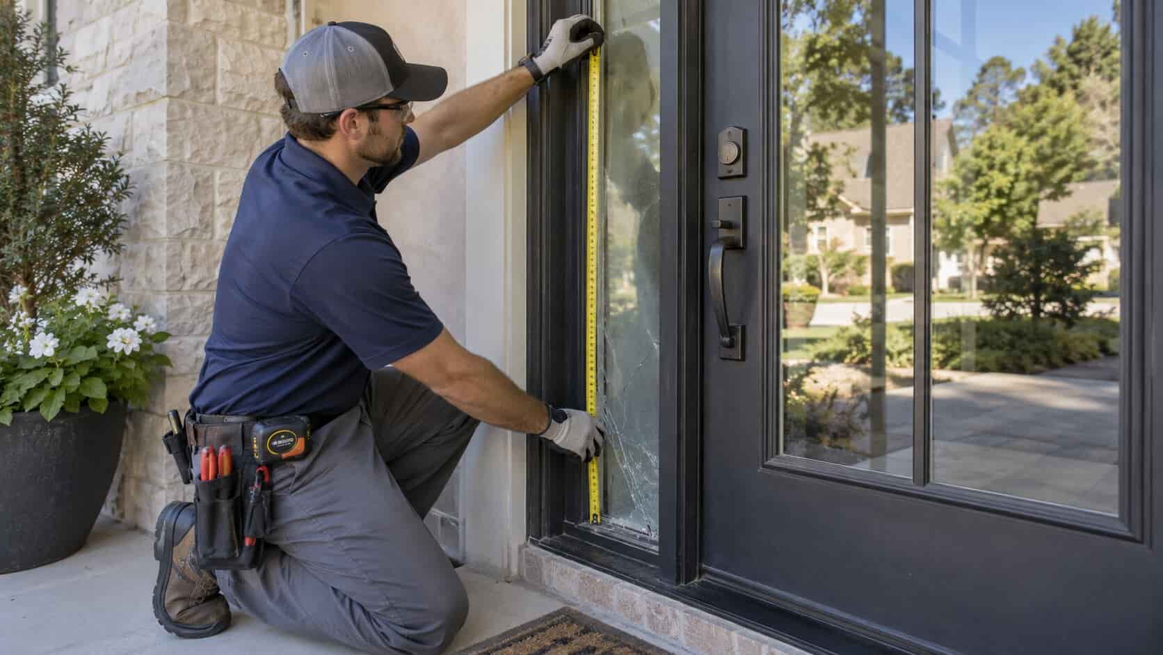 Technician measuring a residential door glass opening for tempered safety glass replacement