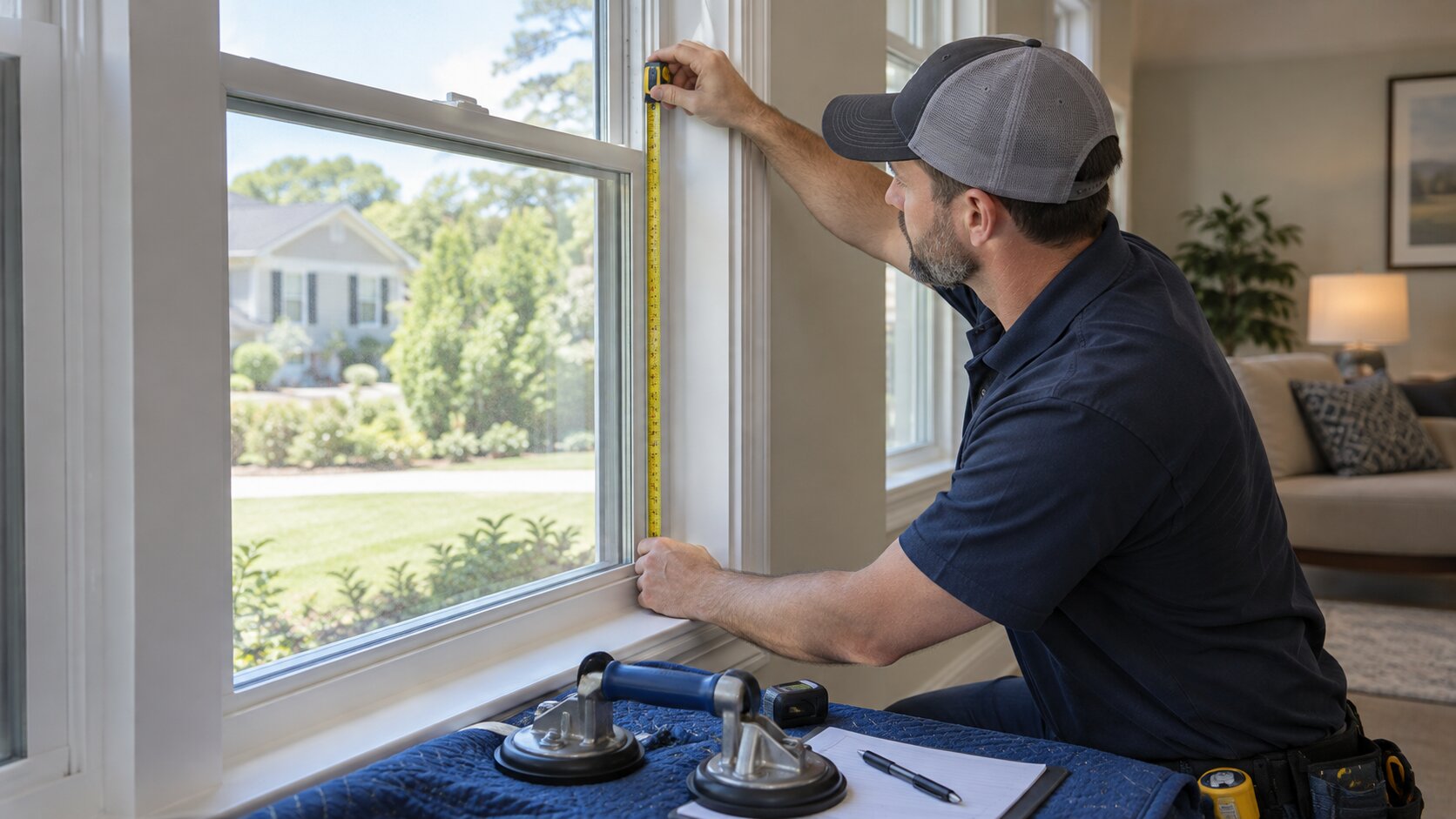 Technician inspecting and measuring residential window glass