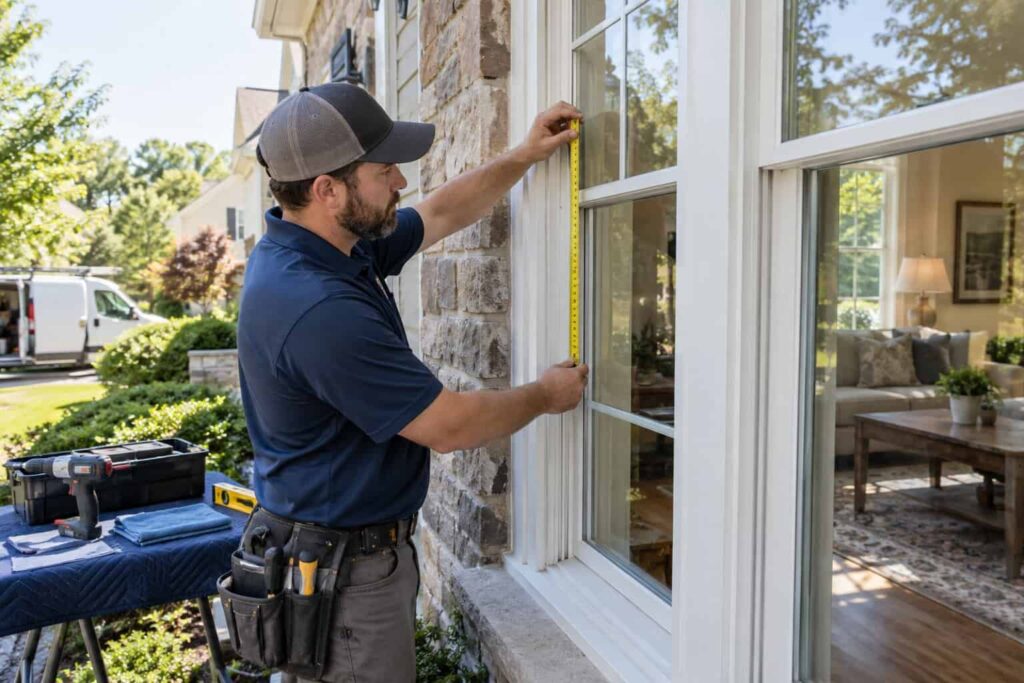 Technician measuring residential window glass for replacement in Northern Virginia