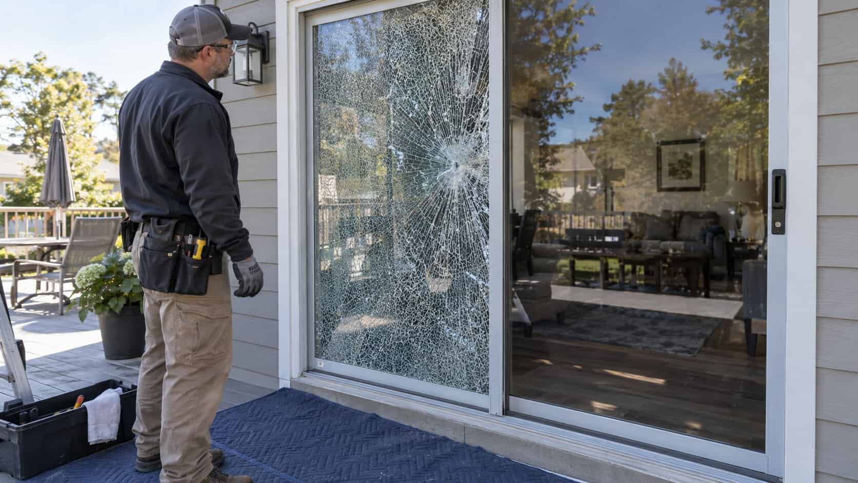 Shattered sliding patio door glass requiring urgent replacement
