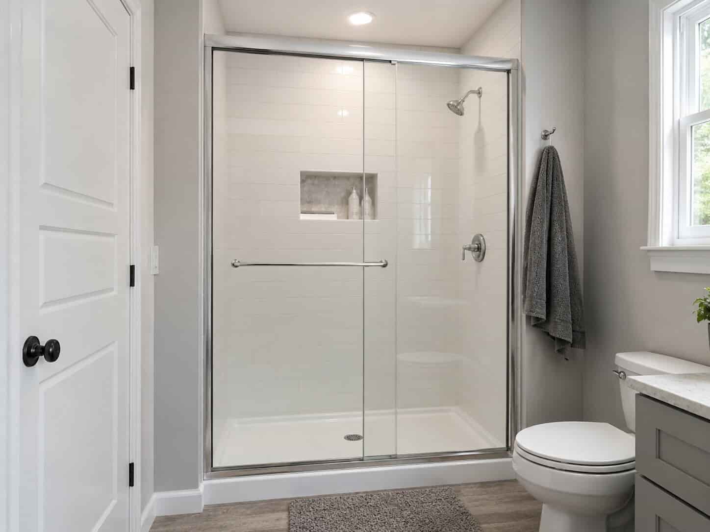 A clean alcove shower with a new glass door installed where a curtain used to hang