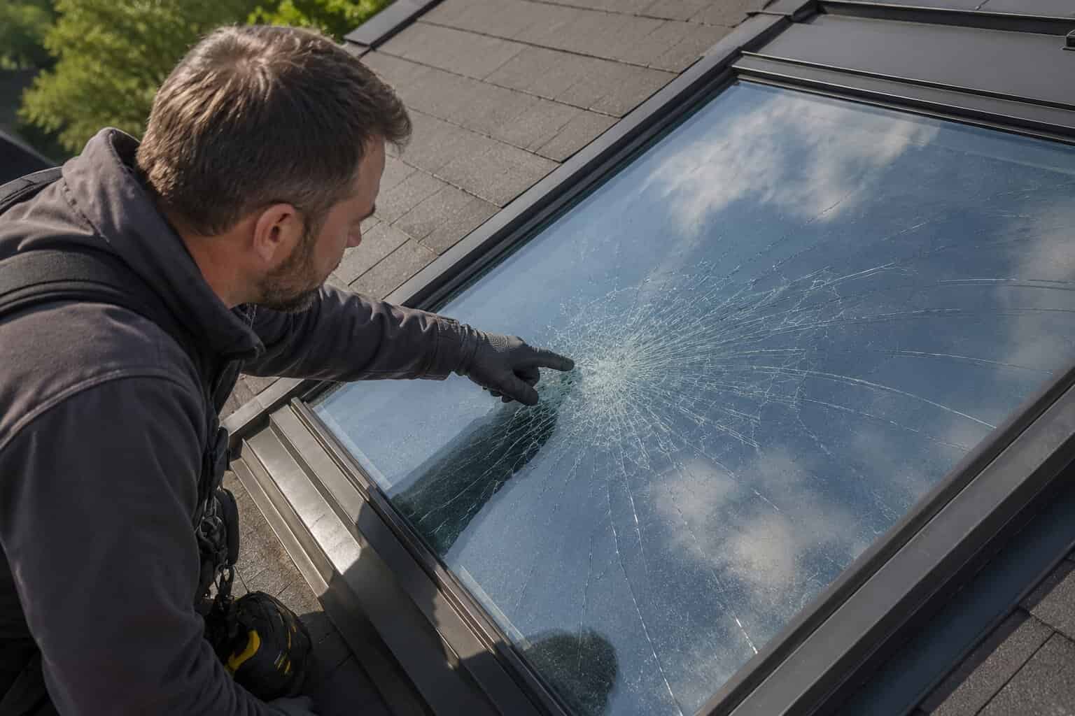 Technician assessing a cracked skylight laminated glass panel on a residential roof